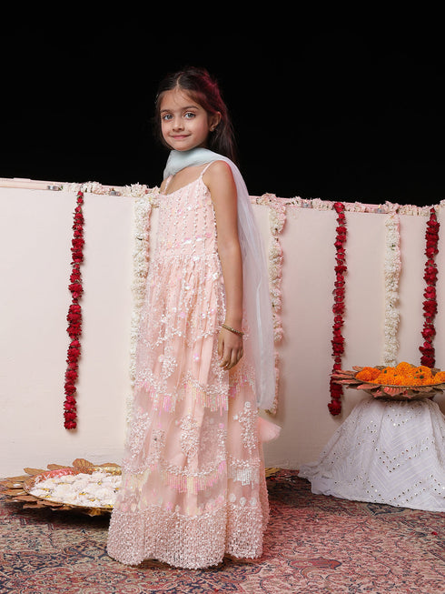 Girl's' Peach Embroidered Sequins Net Long Anarkali Dress With Dupatta